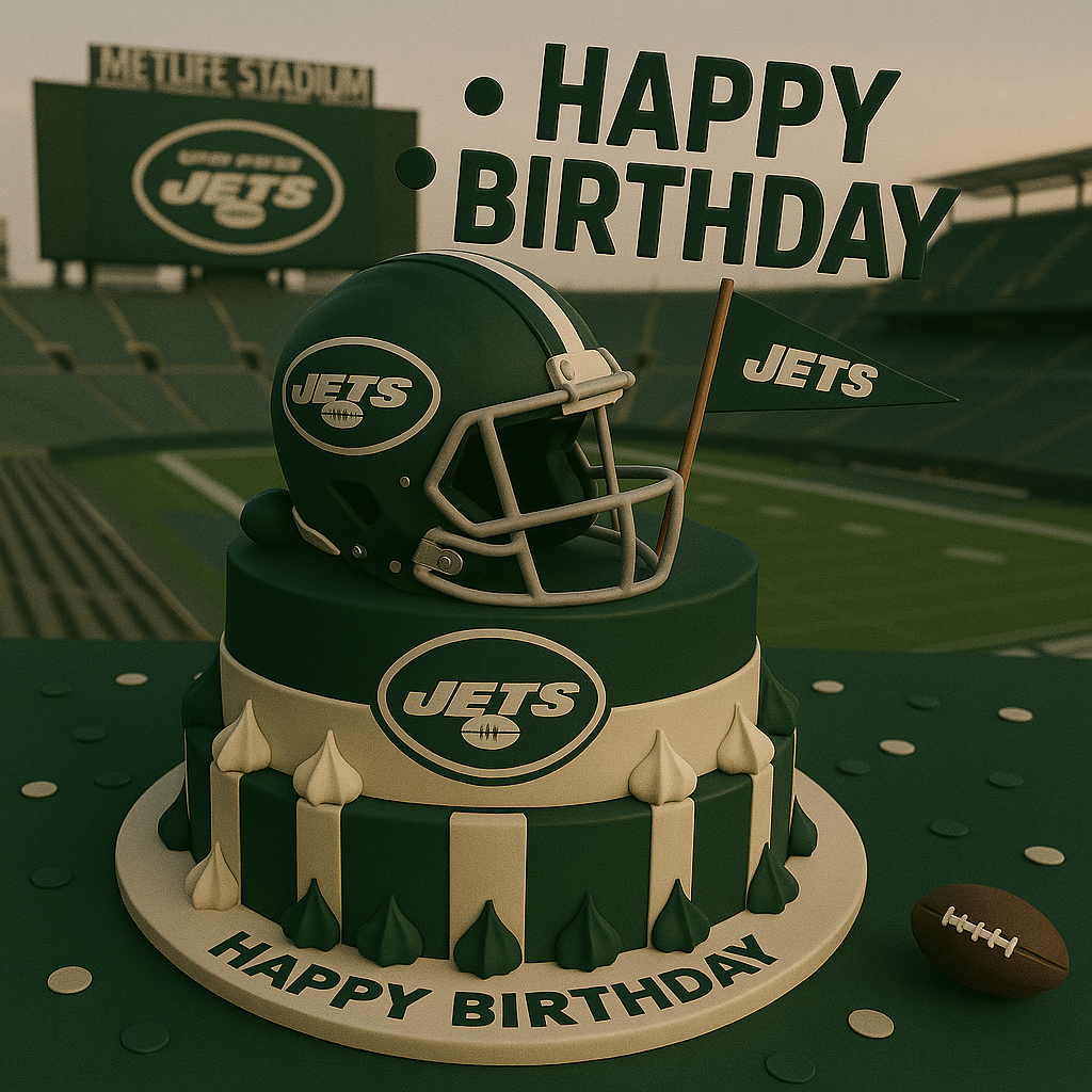 Birthday cake with Jets helmet and branding on a football field background