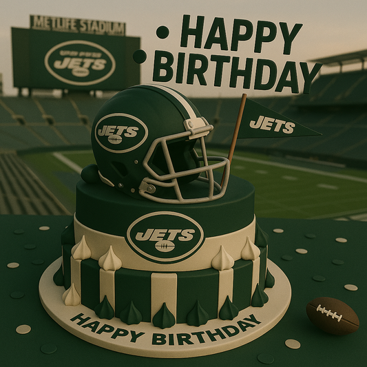 Birthday cake with Jets helmet and branding on a football field background