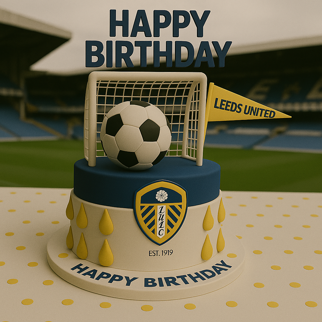 Birthday cake with Leeds United logo, soccer ball, and goalpost against a blurred stadium background