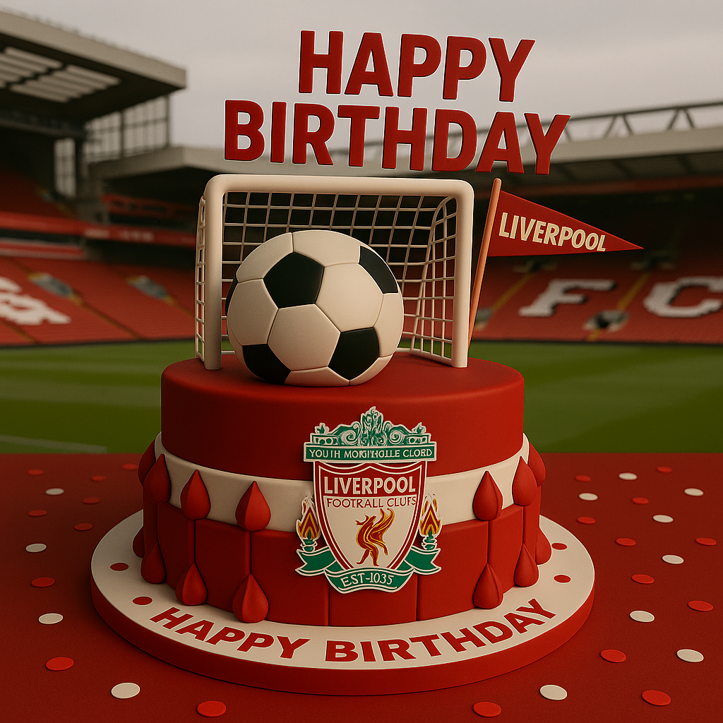 Birthday cake with Liverpool FC theme featuring a soccer ball and goal.