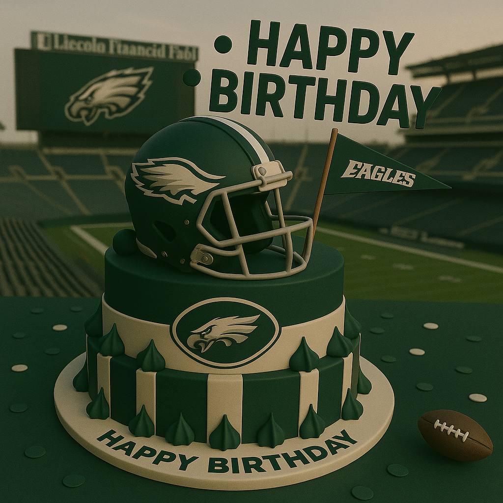 Birthday cake with Philadelphia Eagles helmet and logo on a football field background