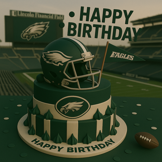 Birthday cake with Philadelphia Eagles helmet and logo on a football field background