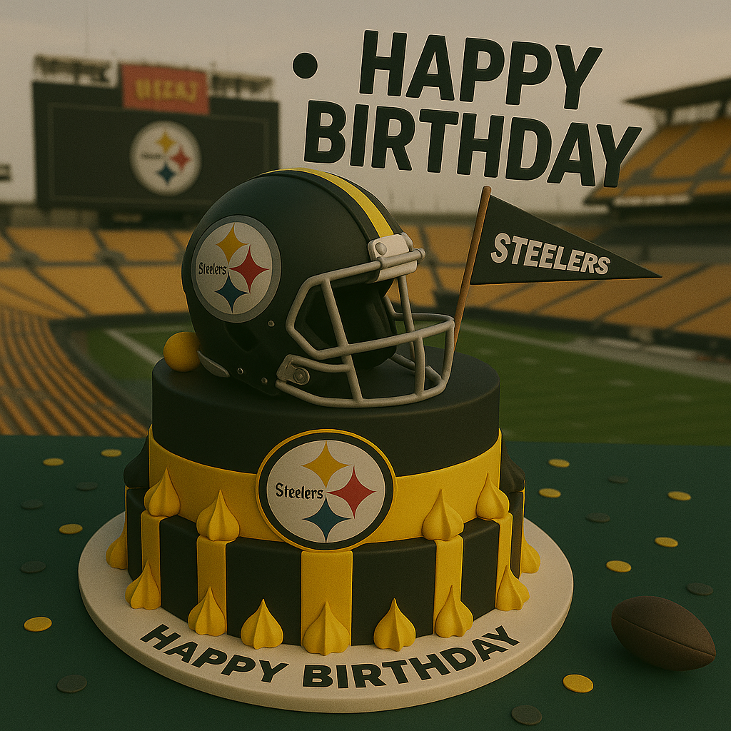 Birthday cake with Steelers helmet and banner on a football field background